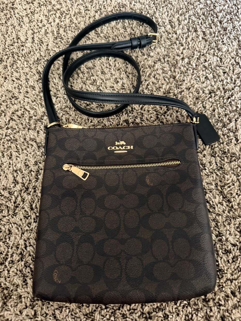 Coach Signature Brown Monogram Crossbody Bag with Black Leather Strap